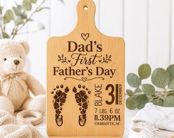 New Dad Father’s Day Gift, Personalized Baby Footprint Board, Custom Engraved Bamboo Keepsake for First Father’s Day