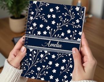 Custom Teacher Spiral Notebook with Name | Personalized Floral Journal, Navy Blue Office Supplies, Gift for Teacher or Coworker - A