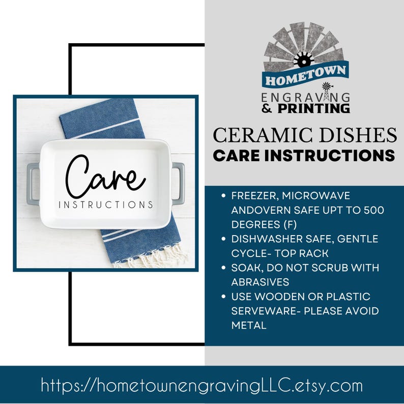 White ceramic casserole dish held by a woman, labeled “Care Instructions,” photographed in a clean farmhouse kitchen setting with blueberries and baking props. Informational listing image explaining dishwasher, microwave, freezer, and oven safety for laser engraved ceramic bakeware and personalized casserole dishes.
