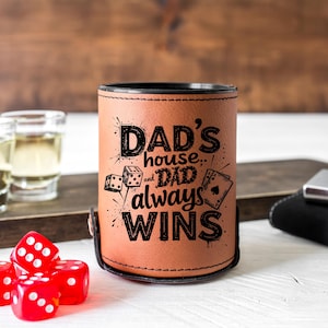 Dad’s House Dad Always Wins Dice Cup – Funny Laser Engraved Faux Leather Dice Holder – Game Night Gift for Dad, Husband, or Gamer