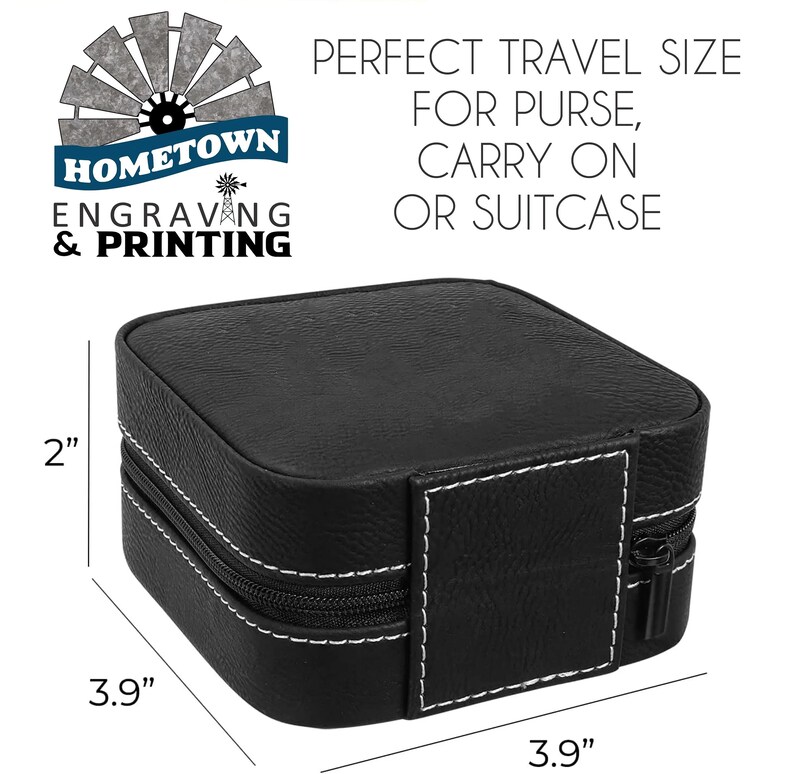 A compact black travel jewelry case with white stitching, featuring a secure zipper closure. The case measures 3.9 inches by 3.9 inches and is 2 inches in height, making it a perfect size for carrying in a purse, carry-on, or suitcase. The Hometown Engraving & Printing logo is displayed in the top left corner, highlighting its customization options.
