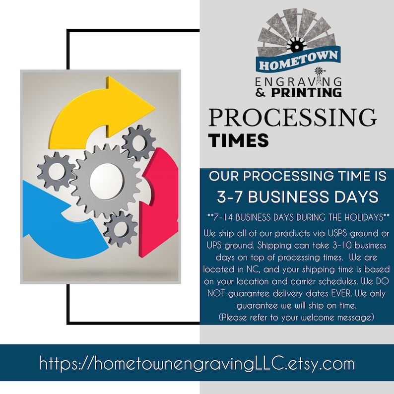 Processing time announcement from Hometown Engraving and Printing, detailing order processing times of 3-7 business days, with extended times during holidays. The image includes colorful arrows and gear icons, symbolizing workflow. Additional text explains shipping times via USPS or UPS, location-based delivery variations, and a disclaimer about delivery date guarantees. Website link provided for more details.