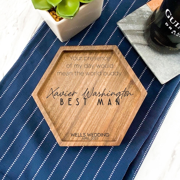 Engraved Best Man Trinket Dish For Rings Or Keys, Custom Name EDC Catchall Groomsmen Party Gift, Personalized Wedding Date Wood Hexagon Tray