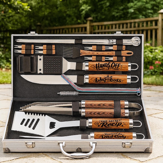Custom Engraved BBQ Tool Set, 26pc Stainless Steel Grill Kit, Personalized Grilling Set, Gift for Dad, Backyard BBQ Accessories