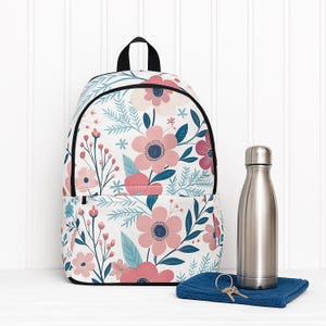 Floral Backpack for Girls – White Background with Pink & Teal Botanical Print – Cute Modern School Bag for Kids, Teens and Women