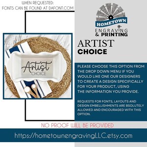 Promotional graphic for Hometown Engraving and Printing featuring a personalized ceramic loaf pan with the Artist Choice design option. Customers selecting this option will have a custom design created by the artist based on the information provided. Font, layout, and design embellishment requests are encouraged. No proof will be provided. The website link for purchasing is included: https://hometownengravingLLC.etsy.com.