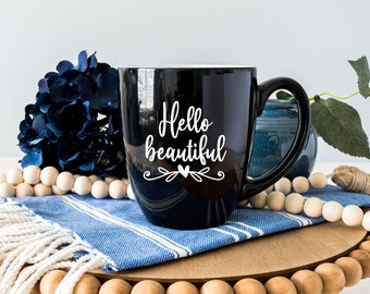 Hello Beautiful Mug | Engraved Mug | Personalized Coffee Mug | Large Coffee Mug | Bistro Coffee Mug | Custom Coffee Mug | Laser Engraved