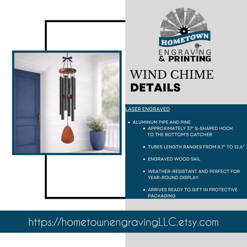 Personalized wind chime with engraved wood sail, outdoor memorial wind chimes with aluminum tubes and pine wood top, custom sympathy gift for loss of loved one, weather-resistant wind chimes for porch or garden, laser engraved remembrance gift with durable metal tubes and natural wood design