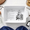 Family Heirloom Baking Dish – Personalized Casserole Pan with Handwritten Recipe and Portrait Engraving – Custom Ceramic Bakeware Gift