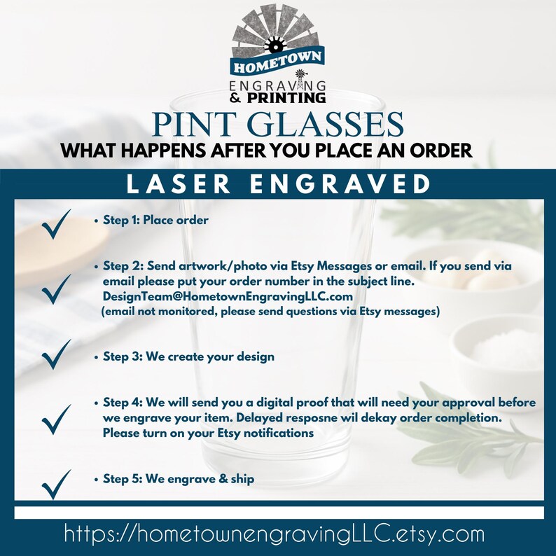 May include: Image of a pint glass with text that reads "PINT GLASSES" and "LASER ENGRAVED". The image also includes a step-by-step guide on how to place an order, send artwork, and approve a digital proof. The Etsy shop URL is also included.