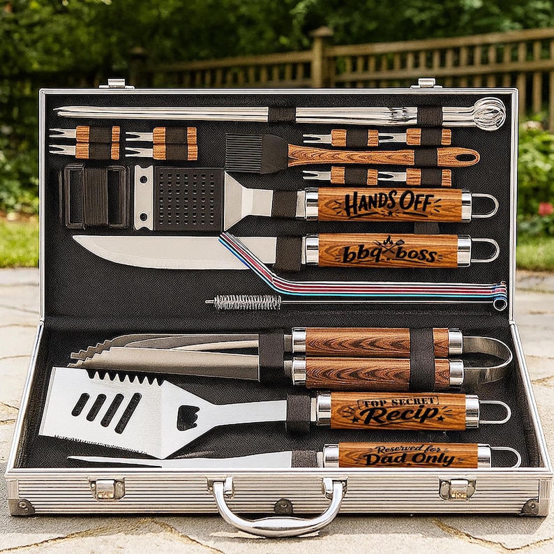 Puede incluir: Un juego de utensilios para barbacoa de metal plateado en un estuche negro. El juego incluye varios utensilios para asar a la parrilla con mangos de madera, algunos de los cuales tienen el texto "HANDS OFF", "bbq boss", "TOP SECRET RECIP" y "Reserved for Dad Only".