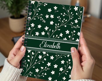 Personalized Spiral Journal with Name – Custom Floral Notebook, Green Wildflower Journal Gift for Women, Teens, Writers & Students