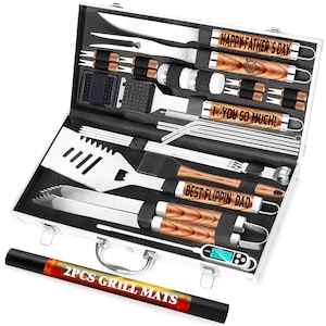 Father’s Day BBQ Tool Set with Custom Engraved Handles, Best Dad Gift for Grill Master, Personalized Grill Set with Mats & Case