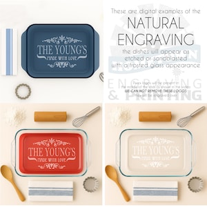 Personalized engraved Pyrex baking dish featuring family name 'The Young’s' with decorative scrollwork. Shown in both black engraving and natural frosted glass finish. Unique custom cookware gift for couples, anniversaries, or everyday baking with love