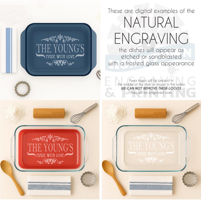 Personalized engraved Pyrex baking dish featuring family name 'The Young’s' with decorative scrollwork. Shown in both black engraving and natural frosted glass finish. Unique custom cookware gift for couples, anniversaries, or everyday baking with love
