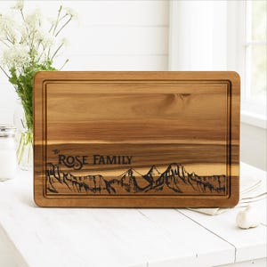 Personalized Mountain Cutting Board with Family Name | Custom Rustic Wood Engraved Board for Wedding, Housewarming, or Anniversary Gift