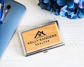 Gift for Realtor | Real Wood Business Card Holder | Young Professional Gift | Use Your Logo Card Holder | Large Capacity Business Card Case