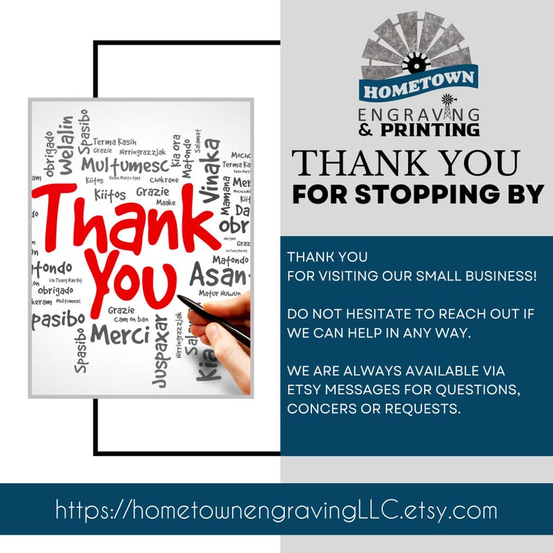 Graphic thanking customers for visiting Hometown Engraving & Printing, featuring Thank You in multiple languages, an invitation to reach out via Etsy for assistance.