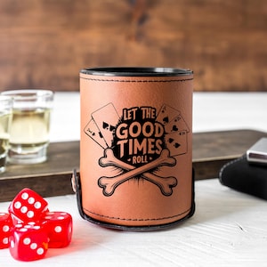 Let the Good Times Roll Dice Cup – Poker Card & Crossbones Design – Laser Engraved Leather Dice Holder – Game Night Gift for Men or Gamers