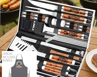BBQ Gift Set with Personalized Apron – Custom Grilling Tools & Apron for Him, Dad, Husband, Father's Day, Birthday, or Groomsmen