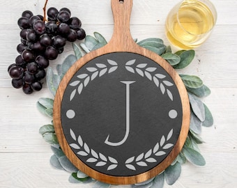 Custom Monogram Solid Wood & Slate Cheese Board, Personalized Stone Platter With Wood Handle, Formal Design For Wedding And Anniversary
