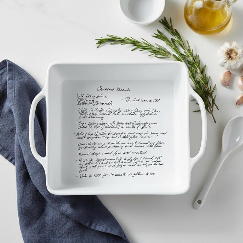 Personalized recipe casserole dish, white ceramic baking dish photographed flat lay with navy kitchen towel, rosemary, garlic, olive oil, and spoon. Clean farmhouse kitchen aesthetic highlighting a custom engraved recipe dish for cooking, baking, and sentimental family recipe preservation.
