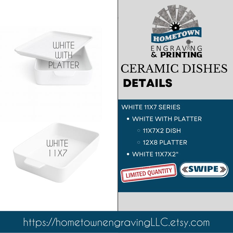 White ceramic casserole dish options featuring the 11x7 baking dish and matching platter set. Informational listing image displaying white stoneware bakeware sizes, including 11x7 dish and 12x8 platter, ideal for engraved recipe dishes, personalized family heirloom bakeware, and classic farmhouse kitchen serving pieces.