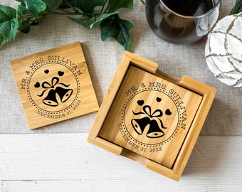 Personalized Coasters, Square 4 Bamboo Coaster Set w/ Holder, Housewarming Gift, Monogram Coasters, Custom Coasters, Wedding, Christmas Gift