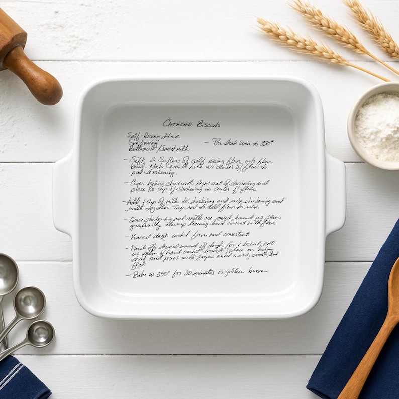 ustom engraved recipe casserole dish shown in a rustic kitchen setup with rolling pin, flour bowl, wheat stalks, and navy linens. White ceramic baking dish designed for handwritten recipes, perfect as a wedding gift, heirloom kitchen keepsake, or personalized baking dish.