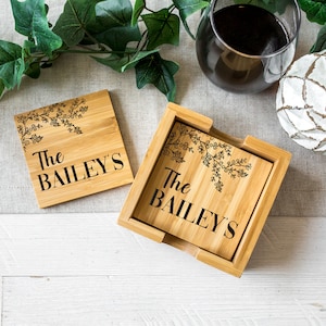 Personalized Coasters, Square 4 Bamboo Coaster Set w/ Holder, Housewarming Gift, Monogram Coasters, Custom Coasters, Wedding, Christmas Gift