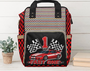 Race Car Diaper Bag Backpack for Boys | Fast One Baby Shower Gift with Checkered Flags | Cool Racing Backpack for Dads & Moms
