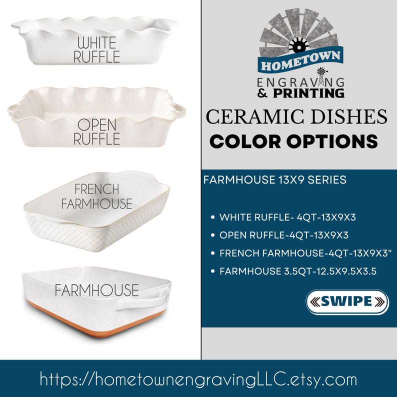 Farmhouse-style ceramic casserole dish options including white ruffle, open ruffle, French farmhouse, and farmhouse stoneware designs. Informational listing image showcasing decorative 13x9 ceramic bakeware styles, ideal for engraved recipe dishes, personalized heirloom gifts, and rustic farmhouse kitchen decor.