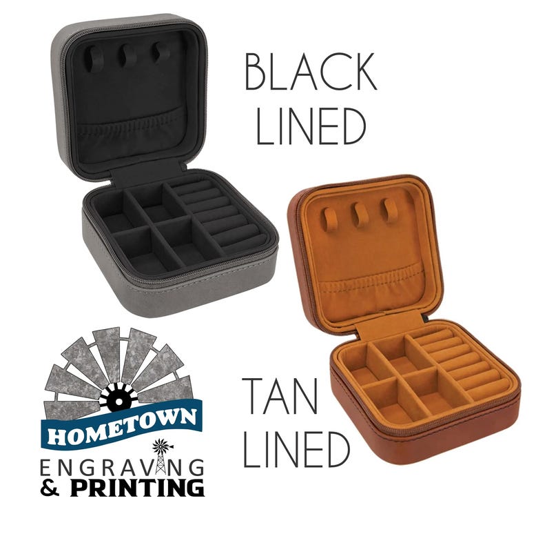 Two travel jewelry cases are shown, one with a black interior lining and the other with a tan interior lining. The cases are compact, zippered, and designed for organizing rings, earrings, and necklaces. The Hometown Engraving & Printing logo is displayed, indicating customization options.