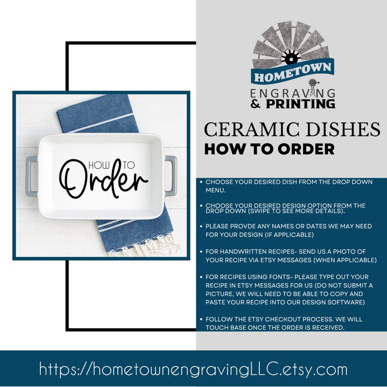 Custom engraved white ceramic casserole dish reading “How to Order,” held by a woman in a farmhouse kitchen scene. Instructional listing image explaining how to select dish size, design options, personalization details, and how to submit handwritten recipes or typed text for personalized ceramic bakeware orders.
