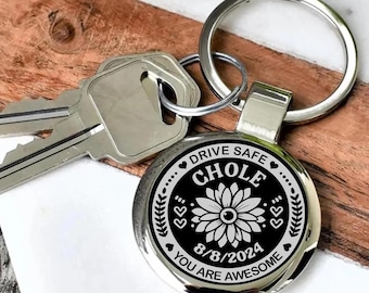 Drive Safe Personalized Keychain – Custom Name, Date & Message – Car Charm Gift for Teens, Loved Ones, New Drivers