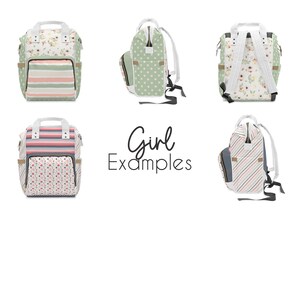 Collage of six views of customizable girl-themed diaper backpacks featuring soft floral prints, pastel polka dots, stripes, and multicolor patterns. Bags are shown from the front, back, and side to display design variety and placement. Color palette includes sage green, blush pink, coral, and muted tones. Centered text reads “Girl Examples” in elegant script, indicating examples of feminine design options available for customization