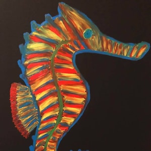 Rainbow Sea Horses malowane palcami oryginalny obraz olejny Matt Kinnaman MKINNAMANART