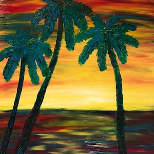 3 Palms Ocean Sunset Finger Painted Oryginalny obraz olejny Matt Kinnaman MKINNAMANART