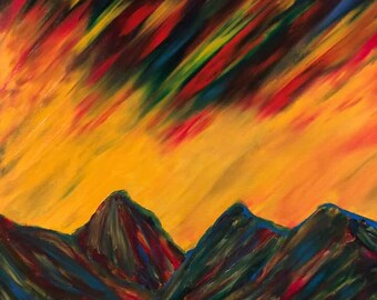 May include: Abstract painting depicting a mountain range with a colourful sky. The sky is a blend of dark blue, red, yellow, and green. The mountains are a dark green and blue colour.