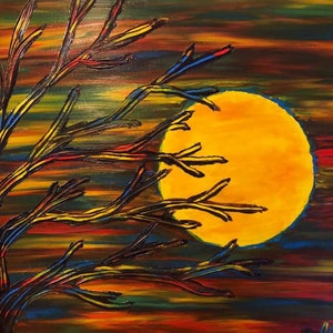 Rainbow Tree Moon Finger Painted Oryginalny obraz olejny Matt Kinnaman MKINNAMANART