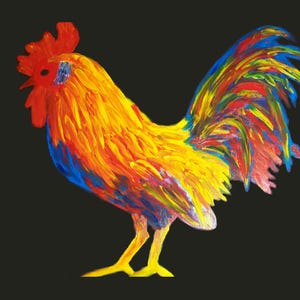 Colorster Rooster, oryginalny obraz olejny na płótnie, malowany palcami, Matt Kinnaman MKINNAMANART, 18" x 24" Darmowa wysyłka!