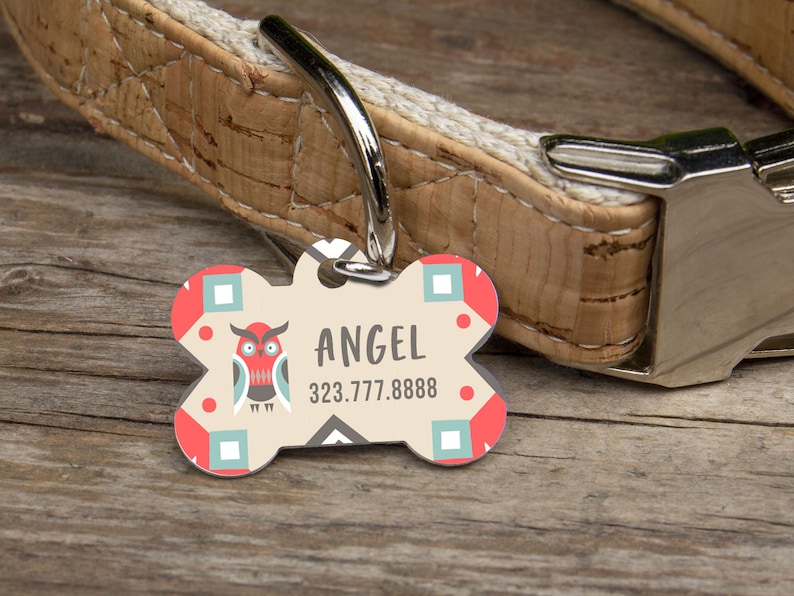Dog ID Tag Folk Dog Tag Custom Pet Tag Southwestern Style Owl Dog Tag Double Sided Personalized Dog Tag Pet Tag