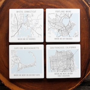 Conjunto de porta-copos com mapas de cidades personalizados, mapas de ruas, porta-copos de pedra, arte com mapas, presente com mapas, qualquer lugar, qualquer cidade, qualquer município, mapa personalizado