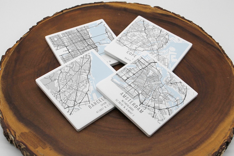 City Maps Coaster Set, Street Maps, Stone Coasters, Personalized Coasters, Map Art, Map Gift, Your City, Any City, Any Town, Custom Map image 1