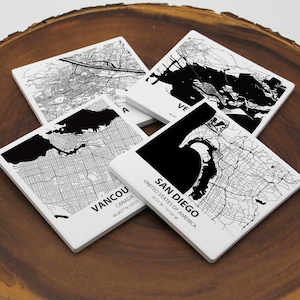 Posavasos con mapas de ciudades, mapa en blanco y negro, posavasos de piedra, posavasos personalizados, arte de mapas, regalo de mapas, tu ciudad, cualquier ciudad, cualquier pueblo
