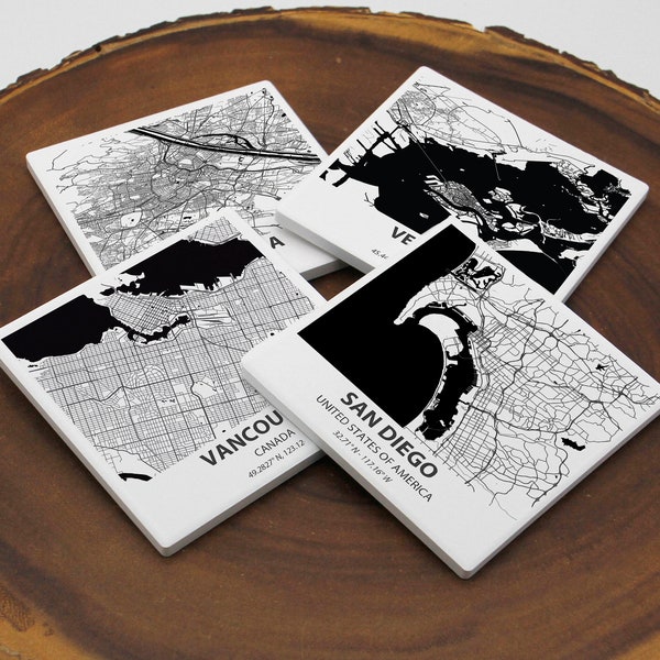 City Maps Coaster Set, Black and White Map, Stone Coasters, Personalized Coasters, Map Art, Map Gift, Your City, Any City, Any Town