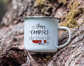 Happy Campers Personalized Camp Mug, Campfire Mug, Enamel Coffee Mug, Camping Mug, Custom Mug, Camping Gift, Caravan, RV