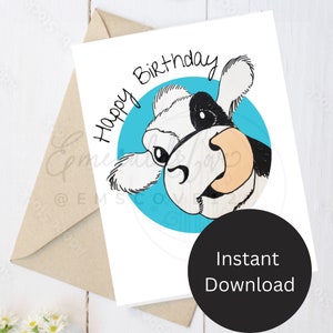 Biglietto di auguri di buon compleanno mucca, download immediato, formato 5x7 e busta