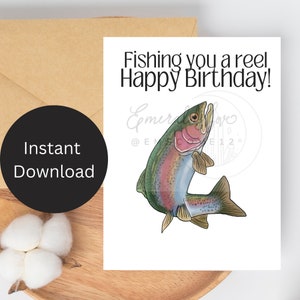 Tarjeta imprimible de cumpleaños de pesca de 5x7 con descarga instantánea de trucha arcoíris