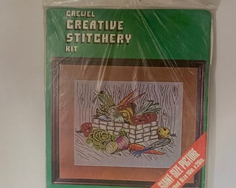 Vintage Vogart, Crewel Creative Stitchery Kit, "Vegetable Basket", Vintage Crewel Kit, Cross Stitch, 16" x 20" Kit 5176, X Stitcher Gift NIP